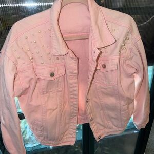 Pink Pearl-Embellished Denim Jacket